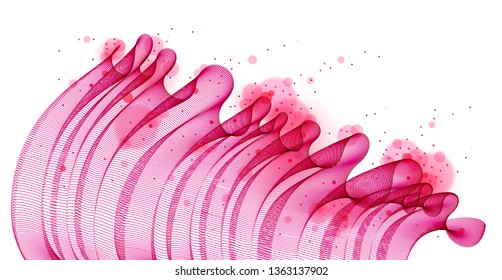 Wave of flowing particles abstract vector background, smooth curvy shape dots transparent tulle textile on wind. 3d shape dots blended mesh, relaxing tranquil wallpaper.