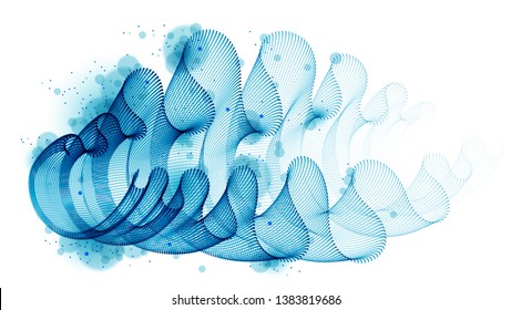 Wave of flowing particles abstract vector background, smooth curvy shape dots transparent tulle textile on wind. 3d shape dots blended mesh, relaxing tranquil wallpaper.