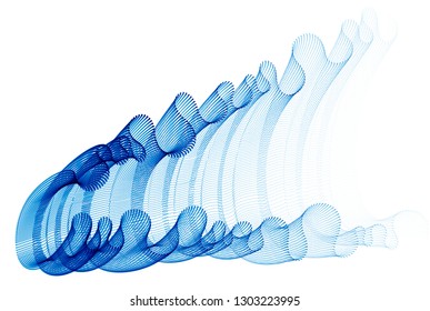 Wave of flowing particles modern relaxing illustration, transparent tulle textile on wind. Round dots vector abstract background. Beautiful wave shaped array of blended points.