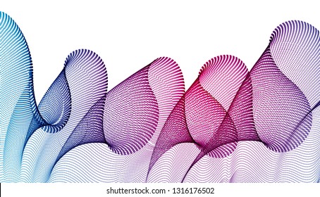 Wave of flowing particles modern relaxing illustration, transparent tulle textile on wind. Round dots vector abstract background. Beautiful wave shaped array of blended points.