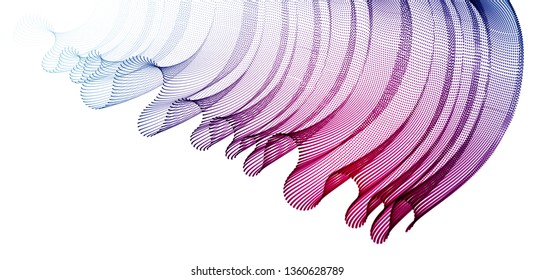 Wave of flowing particles modern relaxing illustration, transparent tulle textile on wind. Round dots vector abstract background. Beautiful wave shaped array of blended points.