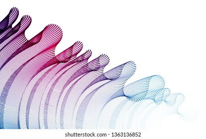 Wave of flowing particles modern relaxing illustration, transparent tulle textile on wind. Round dots vector abstract background. Beautiful wave shaped array of blended points.