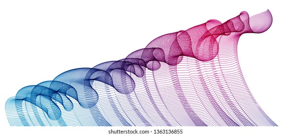 Wave of flowing particles modern relaxing illustration, transparent tulle textile on wind. Round dots vector abstract background. Beautiful wave shaped array of blended points.