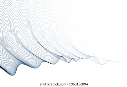 Wave of flowing particles modern relaxing illustration, transparent tulle textile on wind. Round dots vector abstract background. Beautiful wave shaped array of blended points.