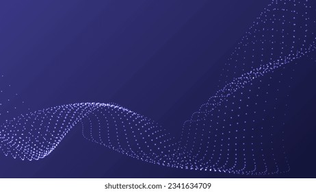 Ola de partículas fluidas sobre un fondo azul. Fondo abstracto con elementos dinámicos de ondas y puntos. Vector