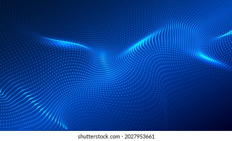 Wave of flowing particles on a dark background. Abstract backdrop with dynamic elements of waves and dots. Vector illustration