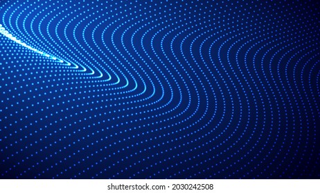 Wave of flowing particles on a dark background. Abstract backdrop with dynamic elements of waves and dots. Vector illustration