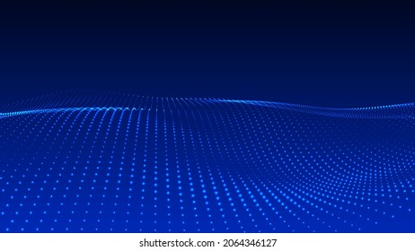 Wave of flowing particles on a dark background. Abstract backdrop with dynamic elements of waves and dots. Vector illustrations