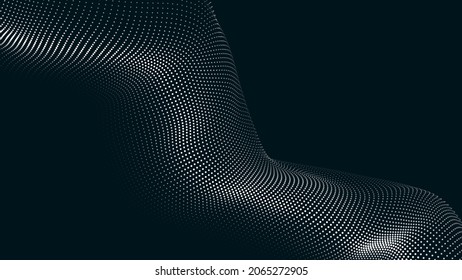 Wave of flowing particles on a dark background. Abstract backdrop with dynamic elements of waves and dots. Vector illustrations