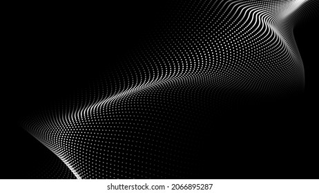 Wave of flowing particles on a dark background. Abstract backdrop with dynamic elements of waves and dots. Vector illustrations