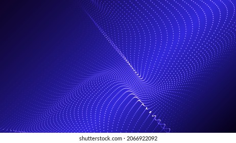 Wave of flowing particles on a dark background. Abstract backdrop with dynamic elements of waves and dots. Vector