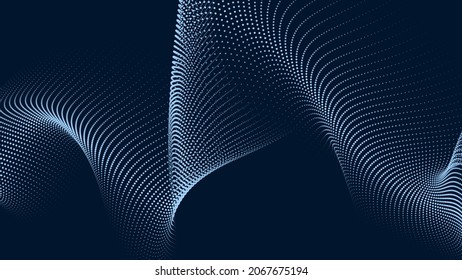 Wave of flowing particles on a dark background. Abstract backdrop with dynamic elements of waves and dots. Vector