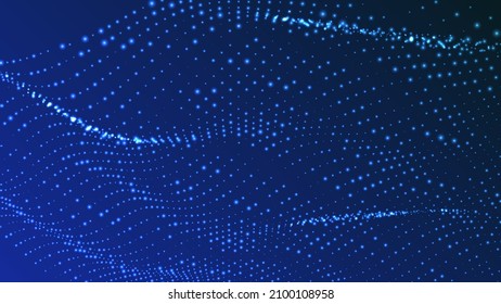 Wave of flowing particles on a dark background. Abstract backdrop with dynamic elements of waves and dots. Vector