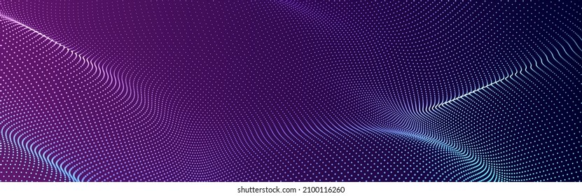 Wave of flowing particles on a dark background. Abstract backdrop with dynamic elements of waves and dots. Vector