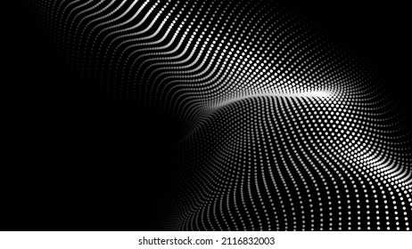 Wave of flowing particles on a dark background. Abstract backdrop with dynamic elements of waves and dots. Vector