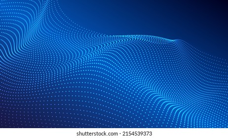 Wave of flowing particles on a dark background. Abstract backdrop with dynamic elements of waves and dots. Vector