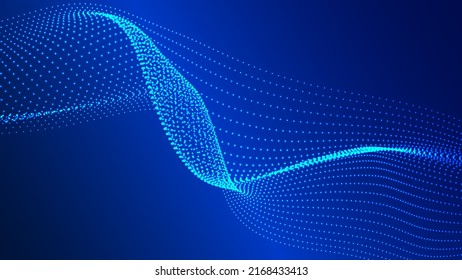 Wave of flowing particles on a dark background. Abstract backdrop with dynamic elements of waves and dots. Vector