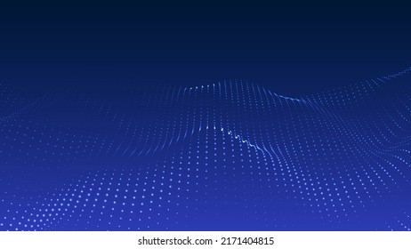 Ola de partículas fluidas sobre un fondo oscuro. Fondo abstracto con elementos dinámicos de ondas y puntos. Vector