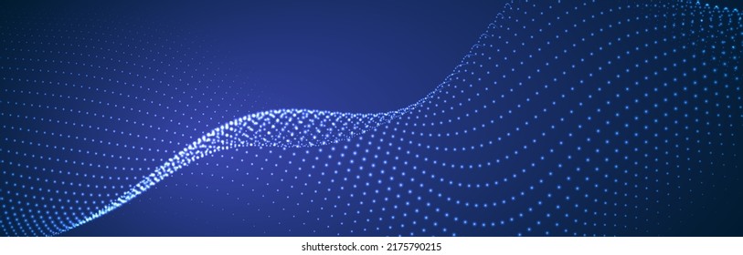 Ola de partículas fluidas sobre un fondo oscuro. Fondo abstracto con elementos dinámicos de ondas y puntos. Vector