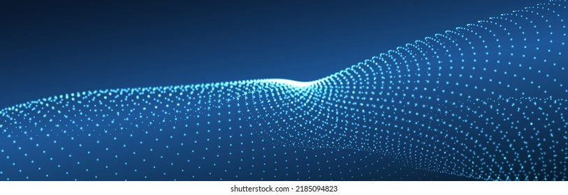 Ola de partículas fluidas sobre un fondo oscuro. Fondo abstracto con elementos dinámicos de ondas y puntos. Vector