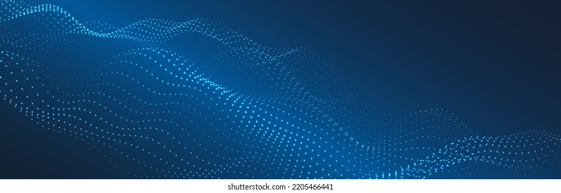 Wave of flowing particles on a dark background. Abstract backdrop with dynamic elements of waves and dots. Vector