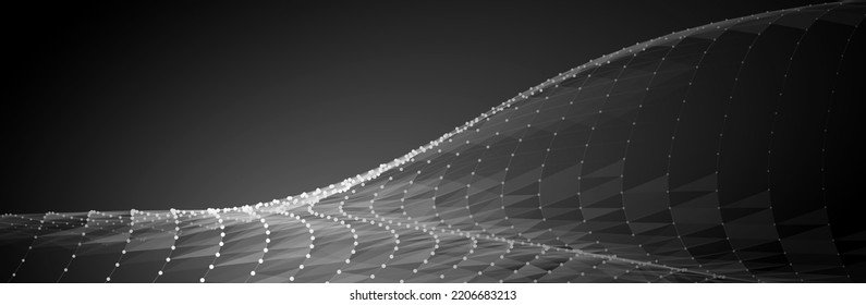 Wave of flowing particles on a dark background. Abstract backdrop with dynamic elements of waves and dots. Vector