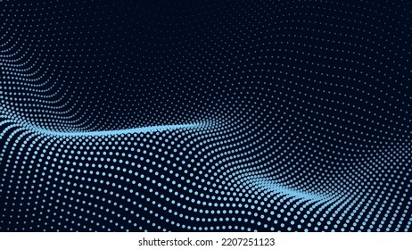 Wave of flowing particles on a dark background. Abstract backdrop with dynamic elements of waves and dots. Vector