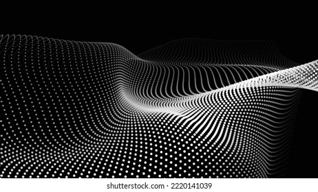 Wave of flowing particles on a dark background. Abstract backdrop with dynamic elements of waves and dots. Vector illustrations