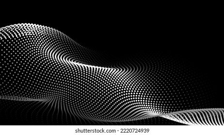 Wave of flowing particles on a dark background. Abstract backdrop with dynamic elements of waves and dots. Vector illustrations