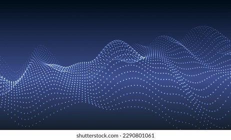 Wave of flowing particles on a dark background. Abstract backdrop with dynamic elements of waves and dots. Vector