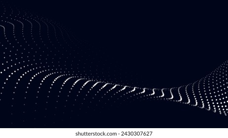 Wave of flowing particles on a dark background. Abstract backdrop with dynamic elements of waves and dots. Vector