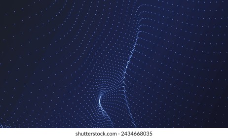 Wave of flowing particles on a dark background. Abstract backdrop with dynamic elements of waves and dots. Vector