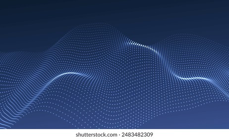 Wave of flowing particles on a dark background. Abstract backdrop with dynamic elements of waves and dots. Vector