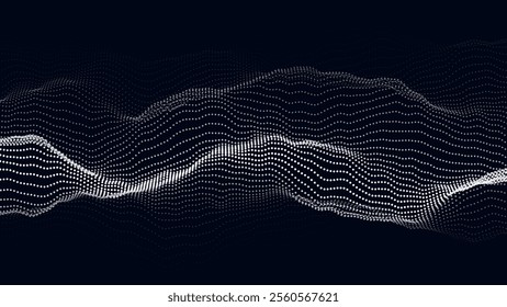 Wave of flowing particles on  dark background. Abstract backdrop with dynamic elements of waves and dots. Vector