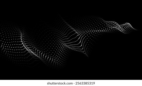 Wave of flowing particles on dark background. Abstract backdrop with dynamic elements of waves and dots. Vector