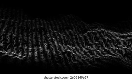 Wave of flowing particles on a dark background. Abstract backdrop with dynamic elements of waves and dots. Vector