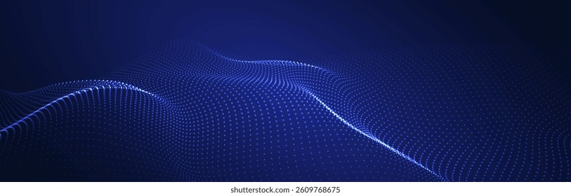 Wave of flowing particles on a dark background. Abstract backdrop with dynamic elements of waves and dots. Vector