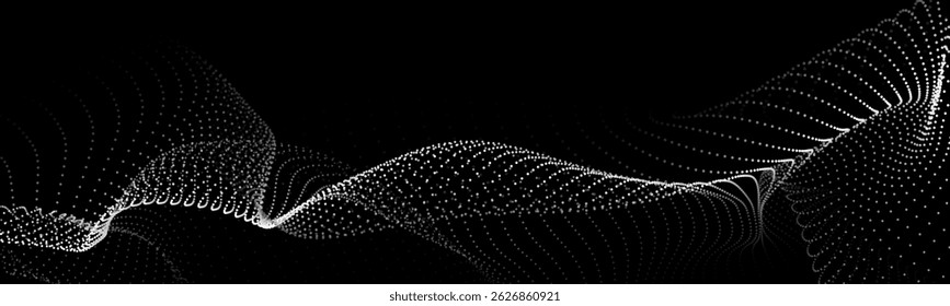 Wave of flowing particles on dark background. Abstract backdrop with dynamic elements of waves and dots. Vector