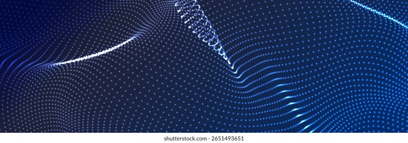 Onda de partículas fluindo sobre um fundo escuro. Fundo abstrato com elementos dinâmicos de ondas e pontos. Vetor