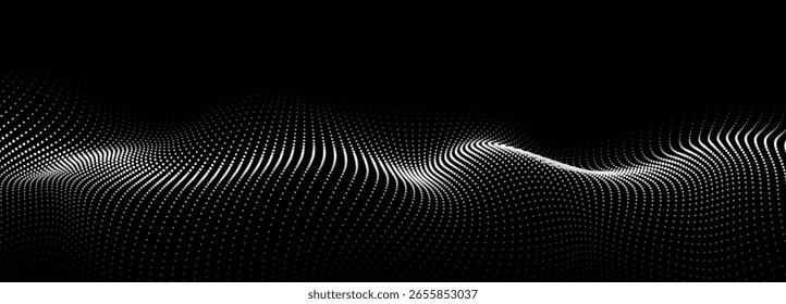 Ola de partículas que fluyen sobre un fondo oscuro. Abstractas telón de fondo con Elementos dinámicos de ondas y puntos. Vector