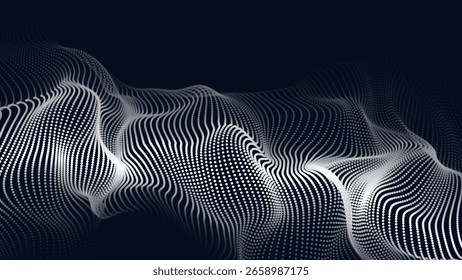 Wave of flowing particles on a dark background. Abstract backdrop with dynamic elements of waves and dots. Vector