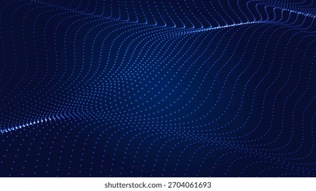 Welle von fließenden Teilchen auf dunklem Hintergrund. Abstrakte Kulisse mit dynamischen Elementen von Wellen und Punkten. Vektorgrafik