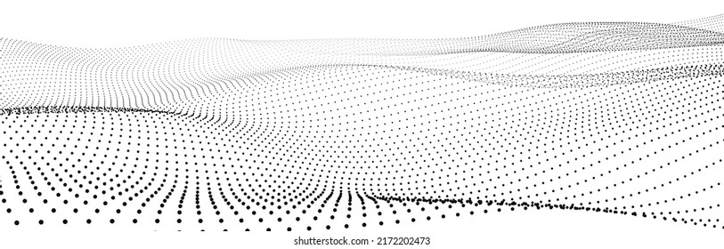 Welle von fließenden Teilchen auf weißem Hintergrund. Abstrakte Kulisse mit dynamischen Elementen von Wellen und Punkten. Vektorgrafik
