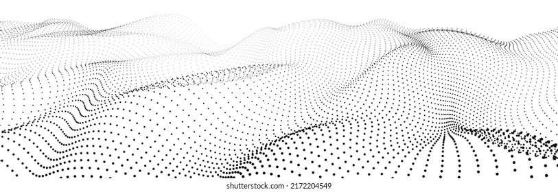 Wave of flowing particles on a white background. Abstract backdrop with dynamic elements of waves and dots. Vector
