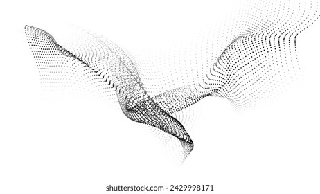 Wave of flowing particles on a white background. Abstract backdrop with dynamic elements of waves and dots. Vector