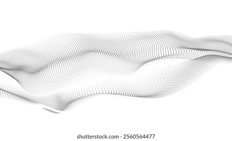 Wave of flowing particles on a white background. Abstract backdrop with dynamic elements of waves and dots. Vector