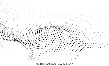 Wave of flowing particles on a white background. Abstract backdrop with dynamic elements of waves and dots. 3d