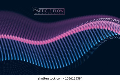 Wave of flowing particles over black. Blurred lights vector abstract background. Beautiful wave shaped array of glowing dots.