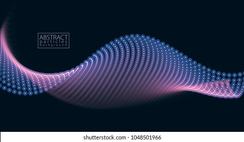 Wave of flowing particles over black. Blurred lights vector abstract background. Beautiful wave shaped array of glowing dots.