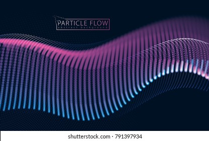 Wave of flowing particles over black. Blurred lights vector abstract background. Beautiful wave shaped array of glowing dots.